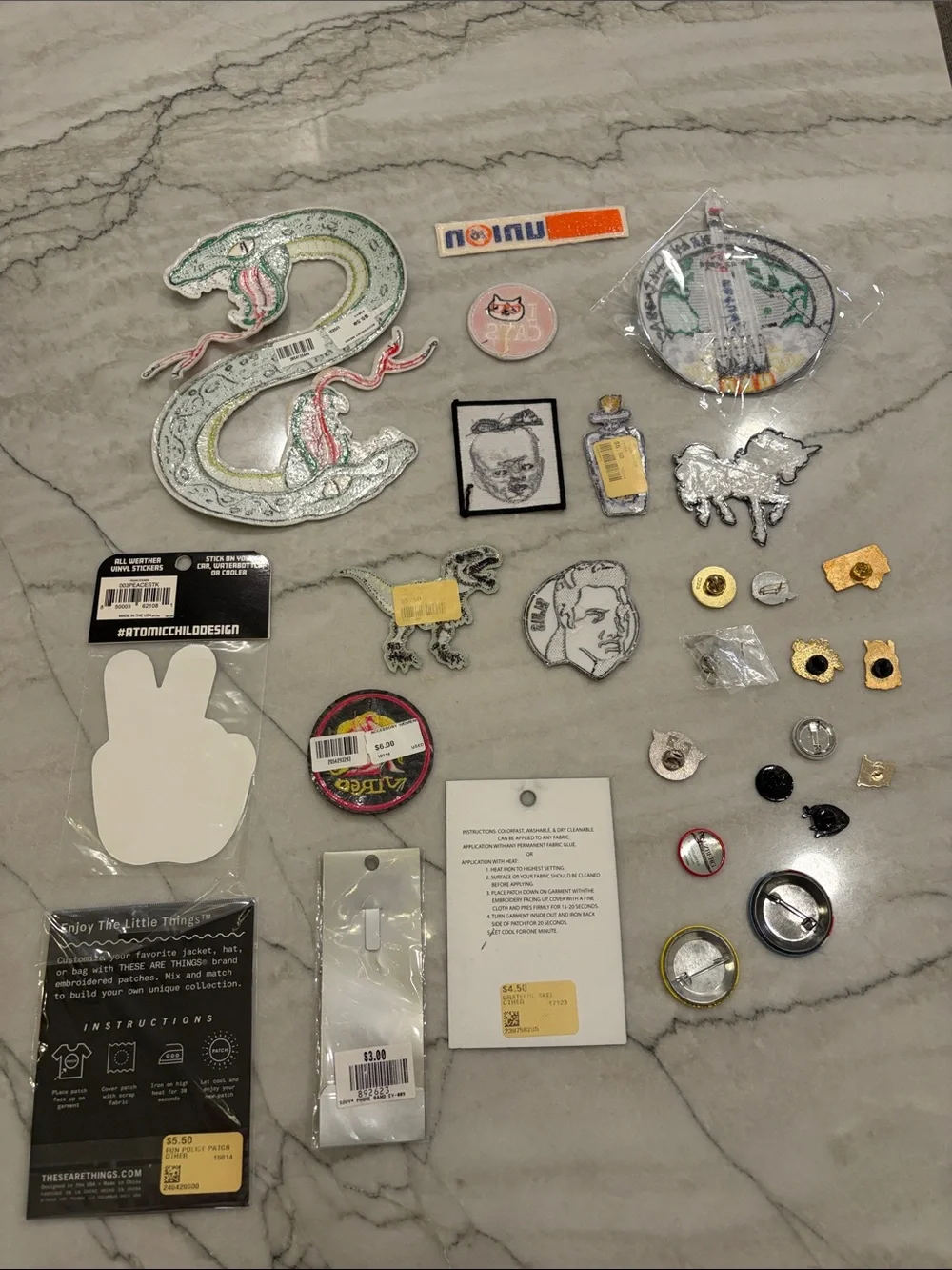 28 piece Assorted Iron-On Patches and Enamel Pins - Multi-Color Patch Collection